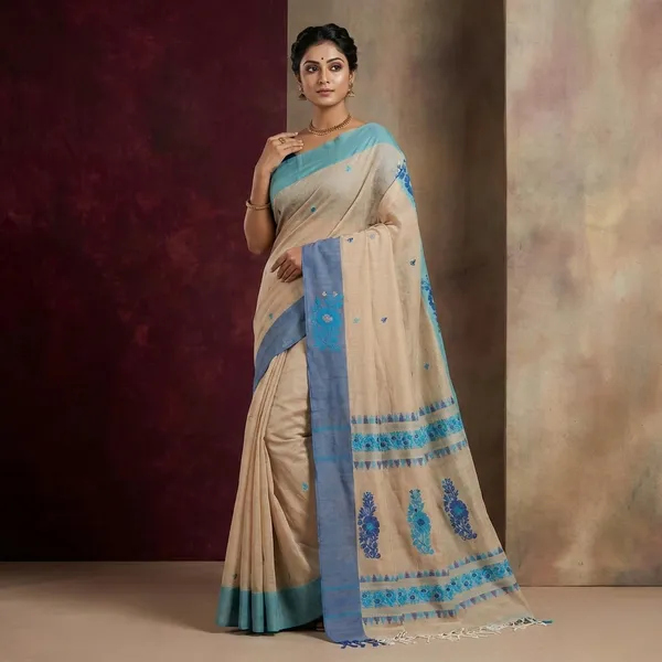 Woven_Jamdani_Nakshi_Work_Border_Premium_Quality_Bengal_Handloom_Cotton_Saree_In_Beige_Denim_Blue_And_Sea_Green