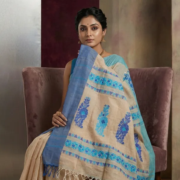 Woven_Jamdani_Nakshi_Work_Border_Premium_Quality_Bengal_Handloom_Cotton_Saree_In_Beige_Denim_Blue_And_Sea_Green