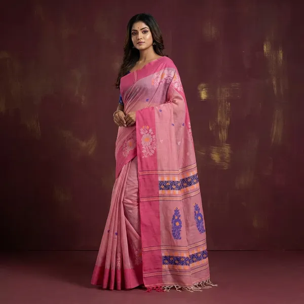 Woven_Jamdani_Nakshi_Work_Border_Premium_Quality_Bengal_Handloom_Cotton_Saree_In_Thulian_Pink_Raspberry_Pink_And_Multicolor