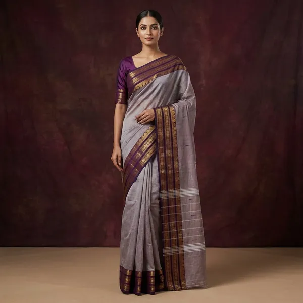 Jacket_Nakshi_Border_Work_Cotton_Gadwal_Saree_In_Opium_Reddish_Brown_And_Off_White