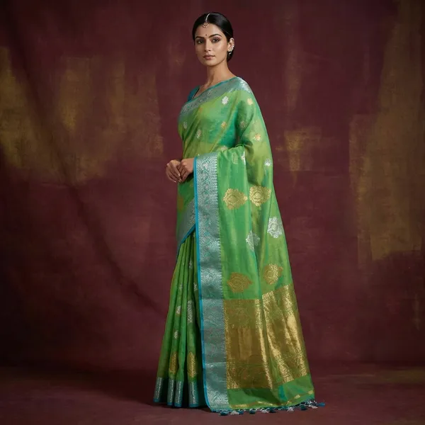 Soft_Muslin_Silk_Banarasi_Saree_In_Turtle_Green_Glacier_Blue_Golden_And_Silver_Zari_Work