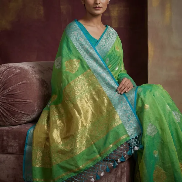 Soft_Muslin_Silk_Banarasi_Saree_In_Turtle_Green_Glacier_Blue_Golden_And_Silver_Zari_Work