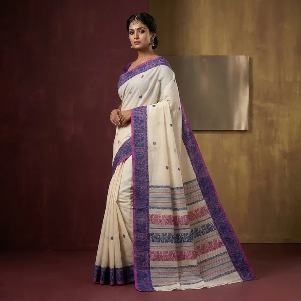 Bengal_Handloom_Cotton_Baluchari_Saree_In_Off_White_Royal_Blue_And_Magenta