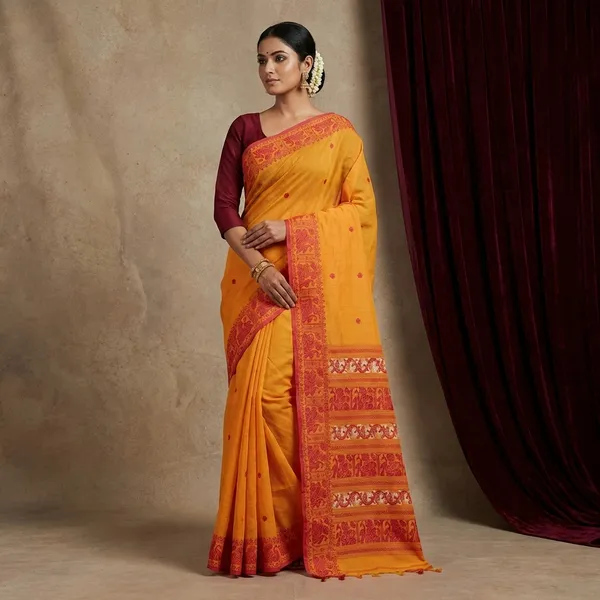 Bengal_Handloom_Cotton_Baluchari_Saree_In_Bee_Yellow_Red_And_Off_White