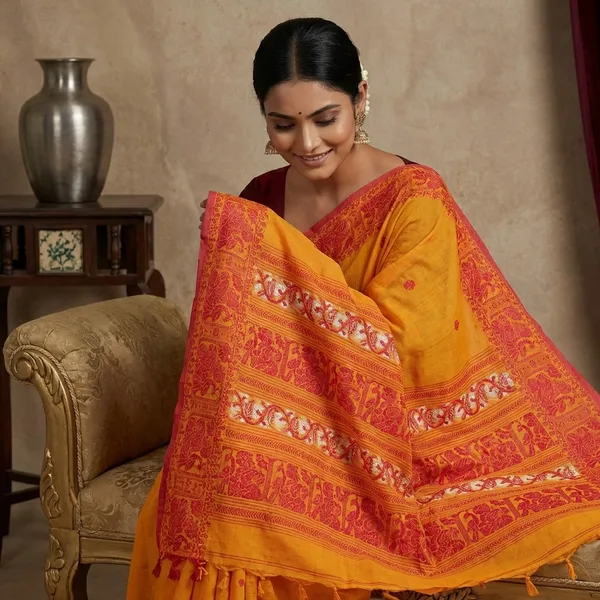 Bengal_Handloom_Cotton_Baluchari_Saree_In_Bee_Yellow_Red_And_Off_White