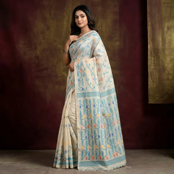 Premium_Quality_Tussar_Silk_Hand_Woven_Neddle_Karat_Aara_Work_Saree_In_Off_White_Sea_Green_And_Multicolor