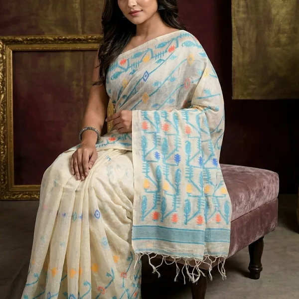 Premium_Quality_Tussar_Silk_Hand_Woven_Neddle_Karat_Aara_Work_Saree_In_Off_White_Sea_Green_And_Multicolor
