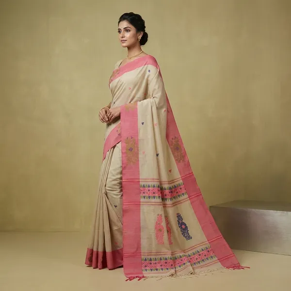 Woven_Jamdani_Nakshi_Work_Border_Premium_Quality_Bengal_Handloom_Cotton_Saree_In_Coconut_Milk_Flamingo_Pink_And_Multicolor