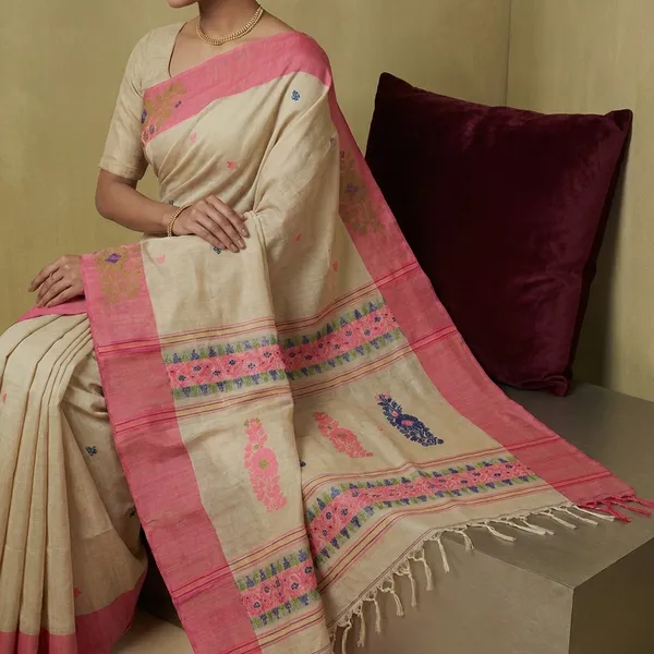 Woven_Jamdani_Nakshi_Work_Border_Premium_Quality_Bengal_Handloom_Cotton_Saree_In_Coconut_Milk_Flamingo_Pink_And_Multicolor