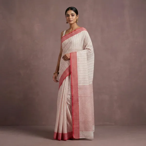 Premium_Quality_Bengal_Handloom_Self_Micro_Check_With_Polka_Dots_Soft_Cotton_Saree_In_Off_White_And_Red