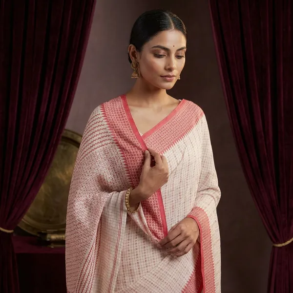 Premium_Quality_Bengal_Handloom_Self_Micro_Check_With_Polka_Dots_Soft_Cotton_Saree_In_Off_White_And_Red