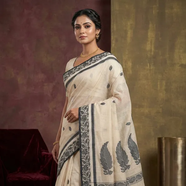 Bengal_Handloom_Cotton_Bomkai_Leaf_And_Floral_Nakshi_Work_Saree_In_Albescent_White_Off_White_And_Black