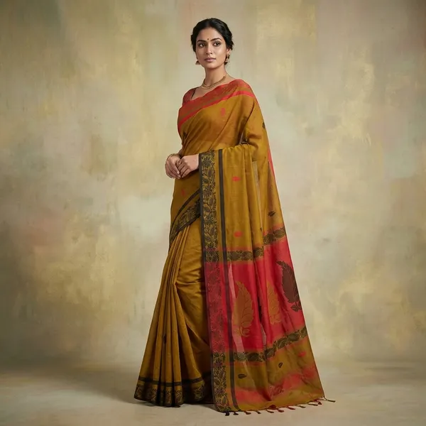 Bengal_Handloom_Cotton_Bomkai_Leaf_And_Floral_Nakshi_Work_Saree_In_Antique_Bronze_Black_And_Red