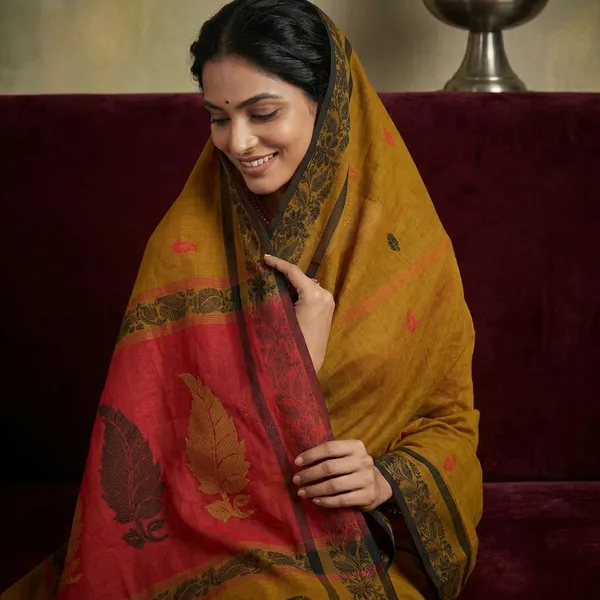 Bengal_Handloom_Cotton_Bomkai_Leaf_And_Floral_Nakshi_Work_Saree_In_Antique_Bronze_Black_And_Red