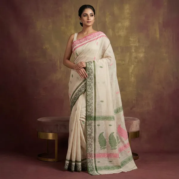 Bengal_Handloom_Cotton_Bomkai_Leaf_And_Floral_Nakshi_Work_Saree_In_Pearl_Bush_Dark_Green_And_Cranberry_Pink
