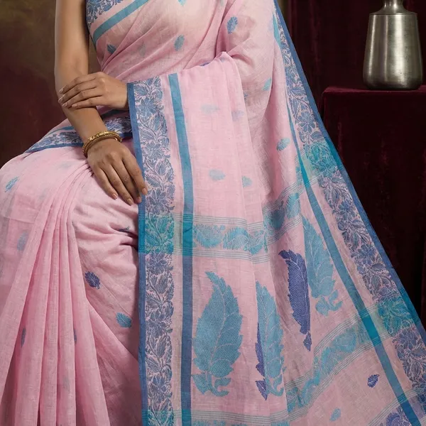 Bengal_Handloom_Cotton_Bomkai_Leaf_And_Floral_Nakshi_Work_Saree_In_Pastel_Pink_Cloud_Burst_Blue_And_Picton_Blue