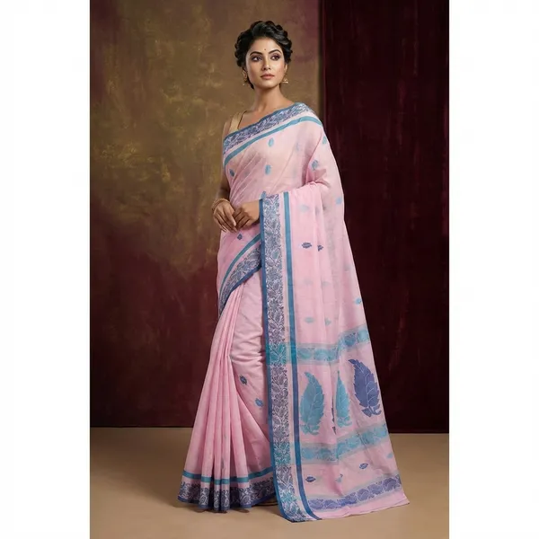 Bengal_Handloom_Cotton_Bomkai_Leaf_And_Floral_Nakshi_Work_Saree_In_Pastel_Pink_Cloud_Burst_Blue_And_Picton_Blue