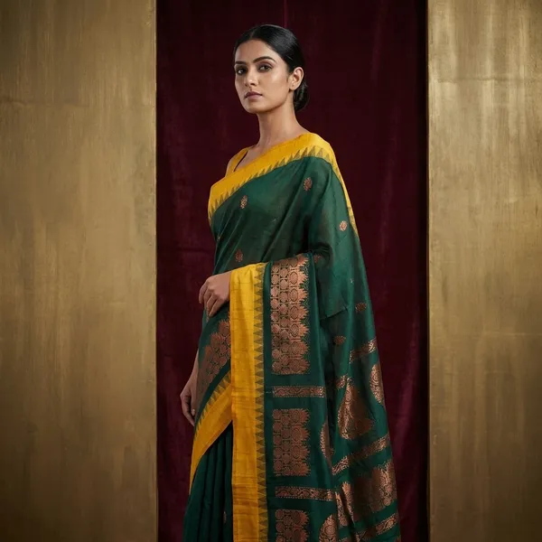 Soft_South_Cotton_Borderless_Pencil_Temple_Motifs_Gadwal_Saree_In_Golden_Yellow_And_Phthalo_Green