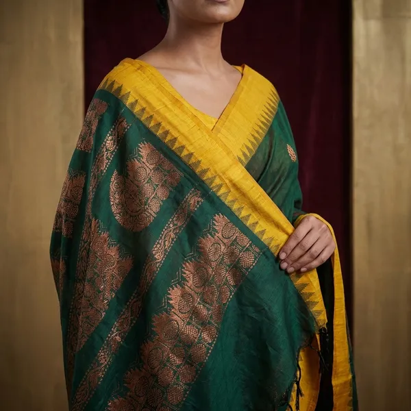 Soft_South_Cotton_Borderless_Pencil_Temple_Motifs_Gadwal_Saree_In_Golden_Yellow_And_Phthalo_Green