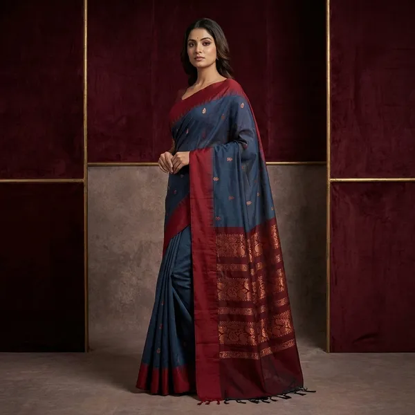 Soft_South_Cotton_Borderless_Pencil_Temple_Motifs_Gadwal_Saree_In_Chathams_Blue_And_Maroon_Oak