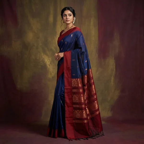 Soft_South_Cotton_Borderless_Pencil_Temple_Motifs_Gadwal_Saree_In_Dark_Indigo_And_Maroon_Oak