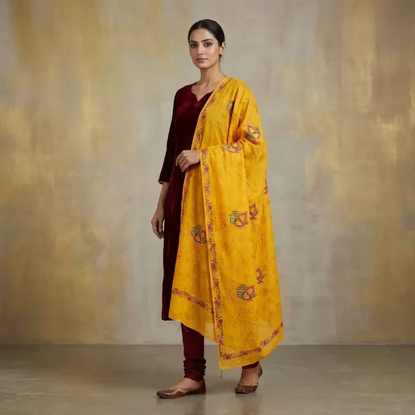 Machine_Embroidery_Kantha_Work_Cotton_Saree_In_Yellow_And_Multicolor_Thread_Work