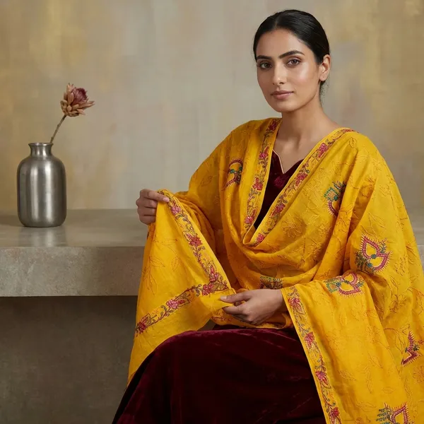 Machine_Embroidery_Kantha_Work_Cotton_Saree_In_Yellow_And_Multicolor_Thread_Work