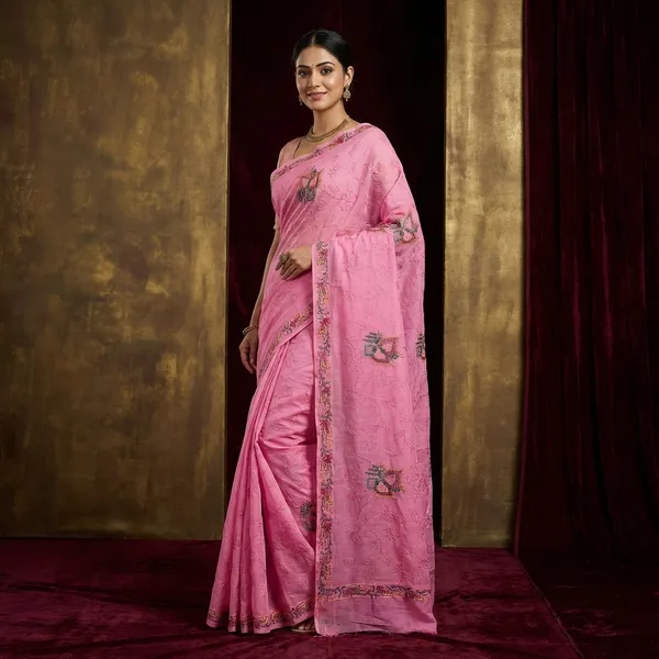 Machine_Embroidery_Kantha_Work_Cotton_Saree_In_Pink_And_Multicolor_Thread_Work