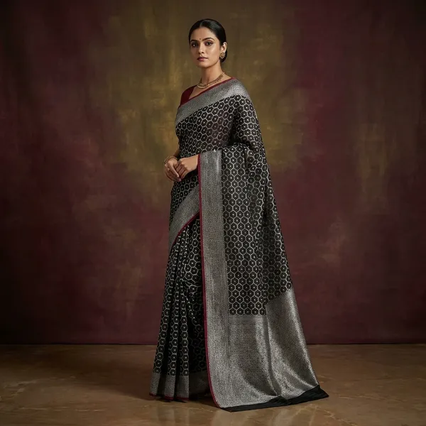 Cotton_Resham_Woven_Nakshi_Work_Chanderi_Saree_In_Black_And_Off_White