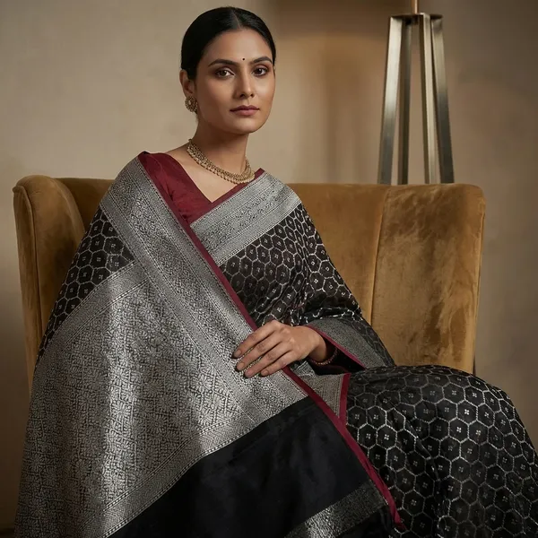 Cotton_Resham_Woven_Nakshi_Work_Chanderi_Saree_In_Black_And_Off_White