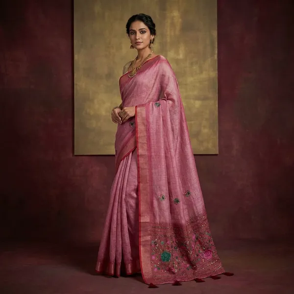 Bullion_Stitch_Knot_Hand_Work_On_Soft_Linen_Saree_In_Hop_Bush_Pink_Light_Burgundy_And_Multicolor_Thread_Work