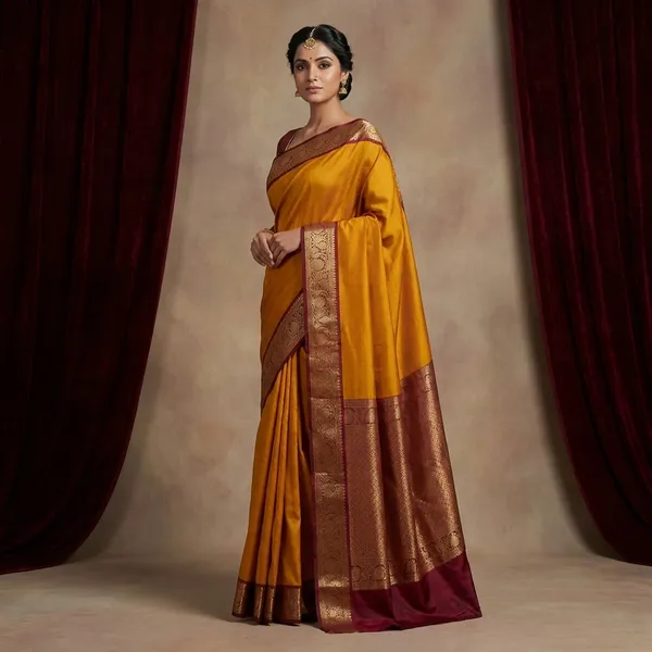 Pashmina_Thread_Work_Gadwal_Silk_Saree_In_Yellow_Ochre_And_Maroon