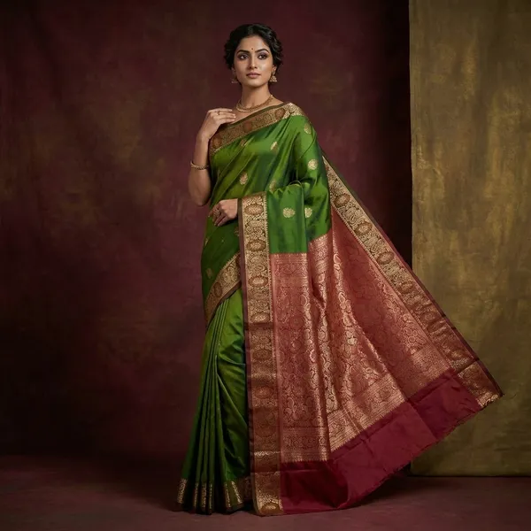 Pashmina_Thread_Work_Gadwal_Silk_Saree_In_Napier_Green_And_Deep_Carmine