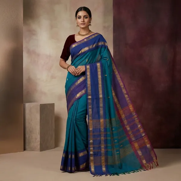 Traditional_Premium_Quality_Hand_Woven_Ganga_Jamuna_Border_South_Cotton_Gadwal_Saree_In_Teal_Royal_Azure_And_Magenta