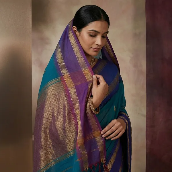 Traditional_Premium_Quality_Hand_Woven_Ganga_Jamuna_Border_South_Cotton_Gadwal_Saree_In_Teal_Royal_Azure_And_Magenta