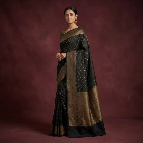Cotton_Resham_Woven_Nakshi_Work_Chanderi_Saree_In_Black_And_Warm_Beige