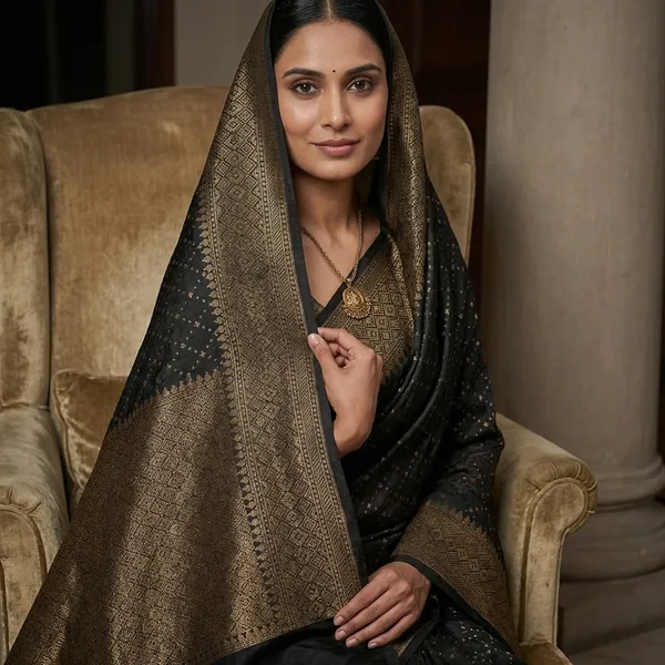 Cotton_Resham_Woven_Nakshi_Work_Chanderi_Saree_In_Black_And_Warm_Beige