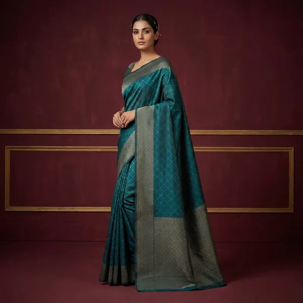 Cotton_Resham_Woven_Nakshi_Work_Chanderi_Saree_In_Deep_Aqua_Green_And_Warm_Beige