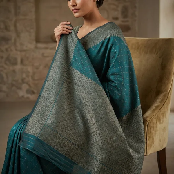 Cotton_Resham_Woven_Nakshi_Work_Chanderi_Saree_In_Deep_Aqua_Green_And_Warm_Beige