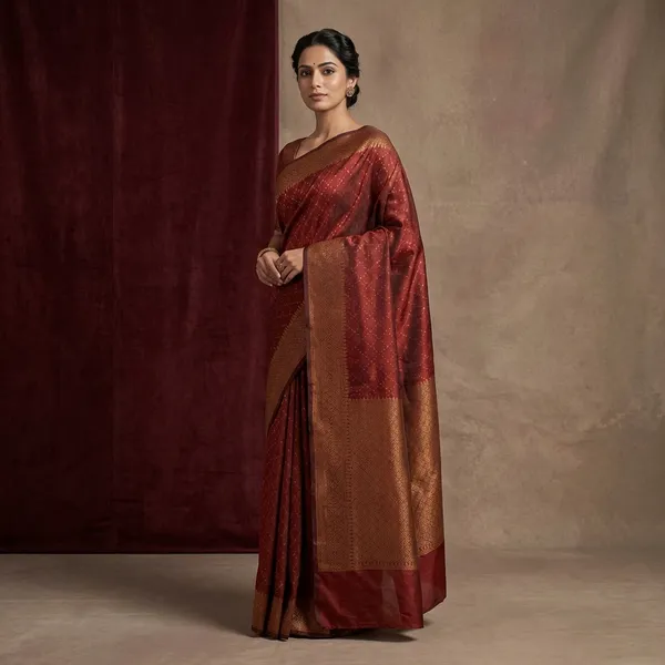 Cotton_Resham_Woven_Nakshi_Work_Chanderi_Saree_In_Burnt_Umber_And_Warm_Beige
