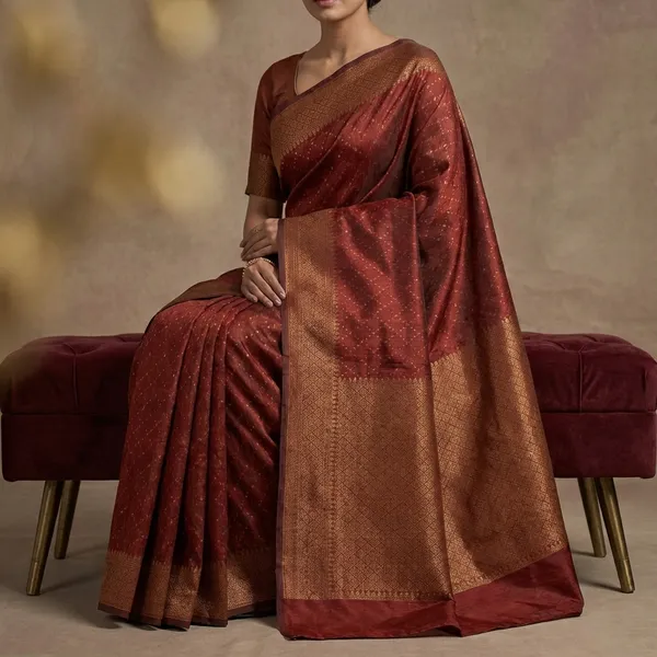 Cotton_Resham_Woven_Nakshi_Work_Chanderi_Saree_In_Burnt_Umber_And_Warm_Beige
