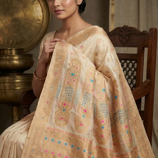 Traditional_Assam_Silk_Mekhla_Saree_In_Light_Beige_Sea_Green_Pink_And_Pale_Golden