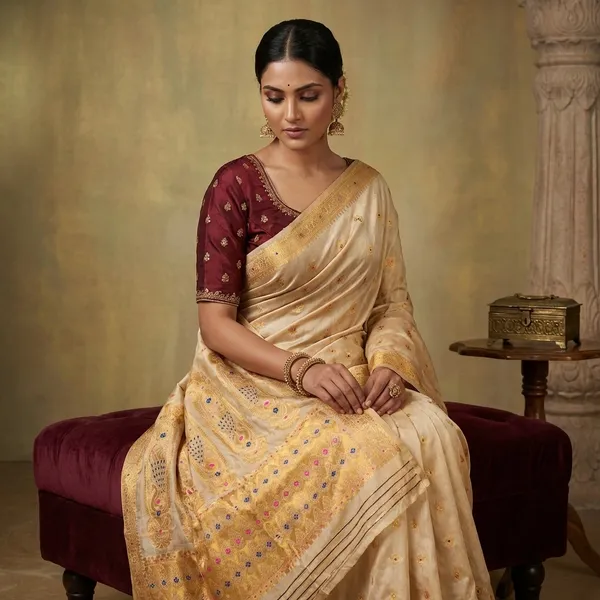 Traditional_Assam_Silk_Mekhla_Saree_In_Light_Beige_Midnight_Blue_Hot_Pink_And_Pale_Golden