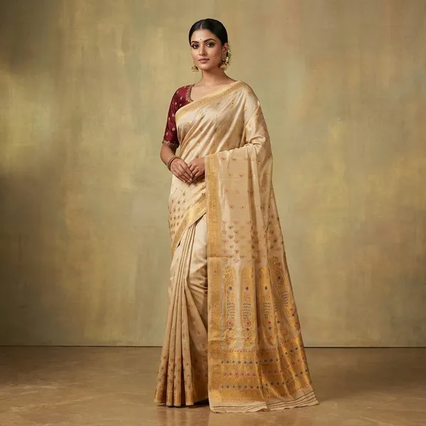 Traditional_Assam_Silk_Mekhla_Saree_In_Light_Beige_Midnight_Blue_Hot_Pink_And_Pale_Golden