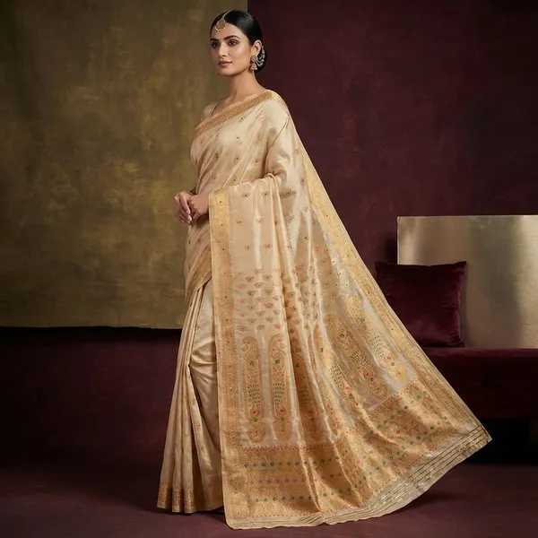 Traditional_Assam_Silk_Mekhla_Saree_In_Light_Beige_Dark_Green_Red_And_Pale_Golden