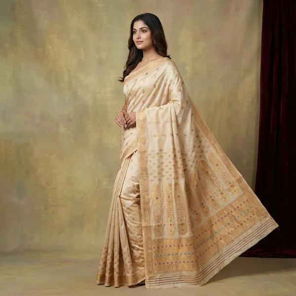 Traditional_Assam_Silk_Mekhla_Saree_In_Light_Beige_Purple_Azure_Blue_And_Pale_Golden