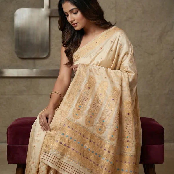 Traditional_Assam_Silk_Mekhla_Saree_In_Light_Beige_Purple_Azure_Blue_And_Pale_Golden