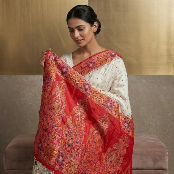 Position_Print_Mianakri_Thread_Work_Designer_Soft_Kani_Silk_Saree_In_Off_White_Red_And_Multicolor