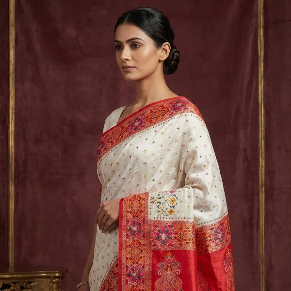 Position_Print_Mianakri_Thread_Work_Designer_Soft_Kani_Silk_Saree_In_Off_White_Red_And_Multicolor