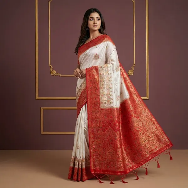 Position_Print_Skirt_Border_Mianakri_Thread_Work_Designer_Soft_Kani_Silk_Saree_In_Off_White_Red_And_Multicolor